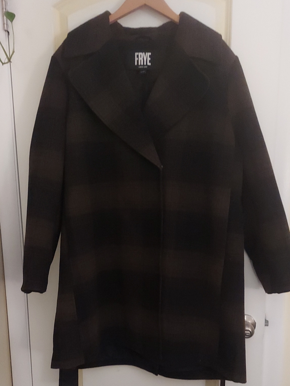 Frye Dark Brown Plaid Wool-Blend Pea Coat